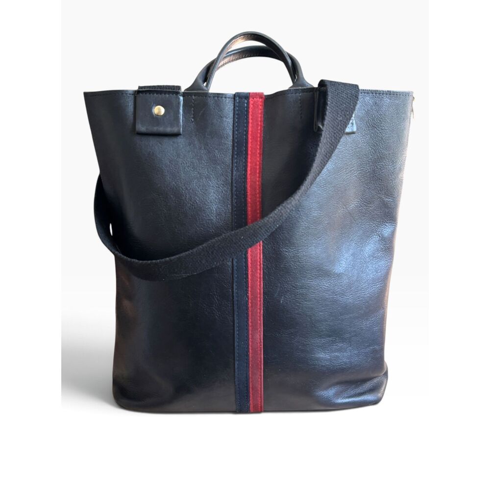 Clare V. Black Leather Tote Navy Red Stripe